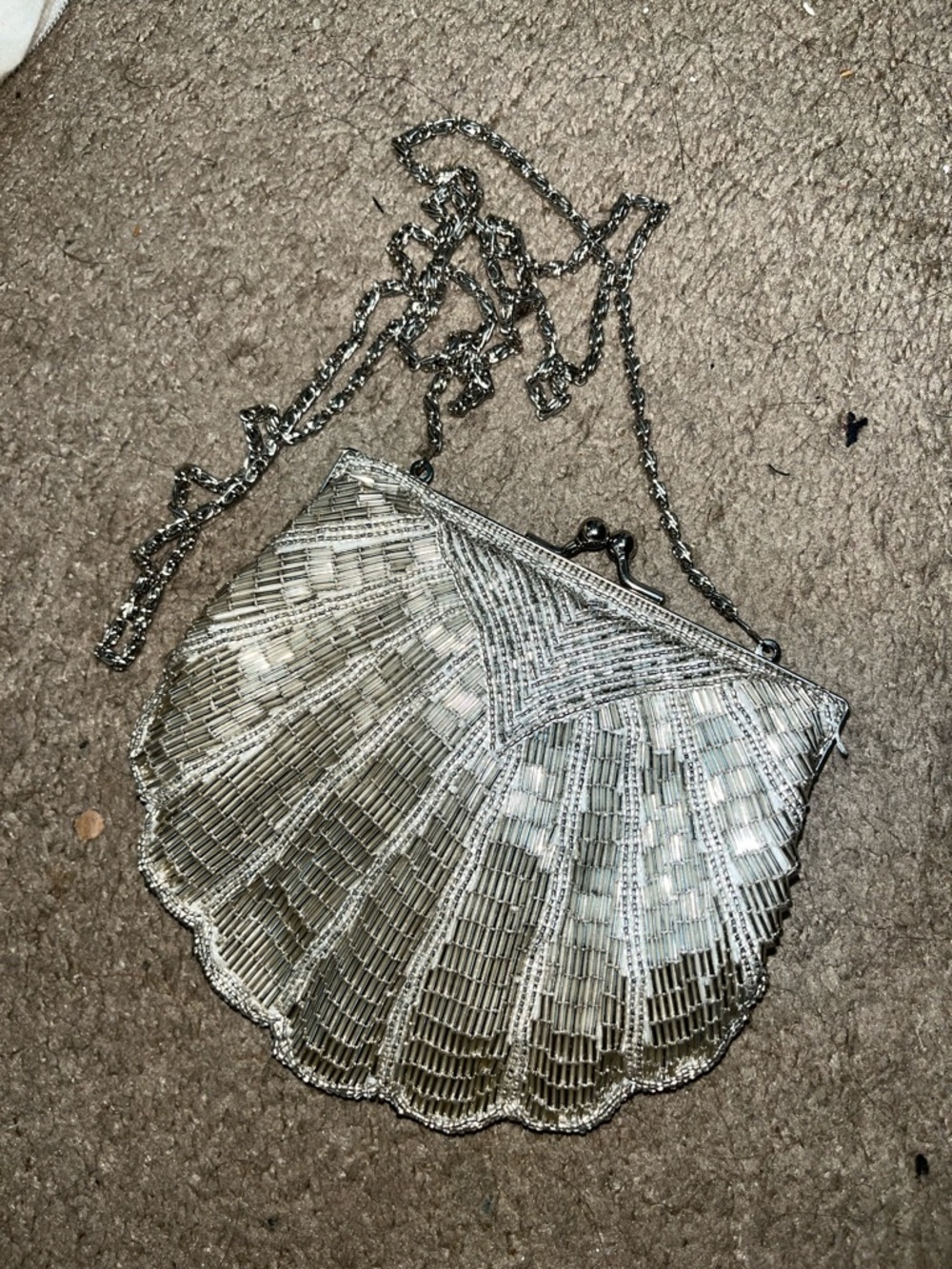 Silver Beaded Shell Clutch with Chain Strap